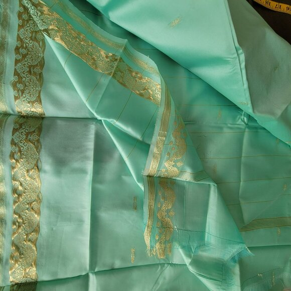 Seafoam Green Silk & Gold Banarasi Saree Sari 2 Pcs NEW 44W x 184L - Picture 10 of 16